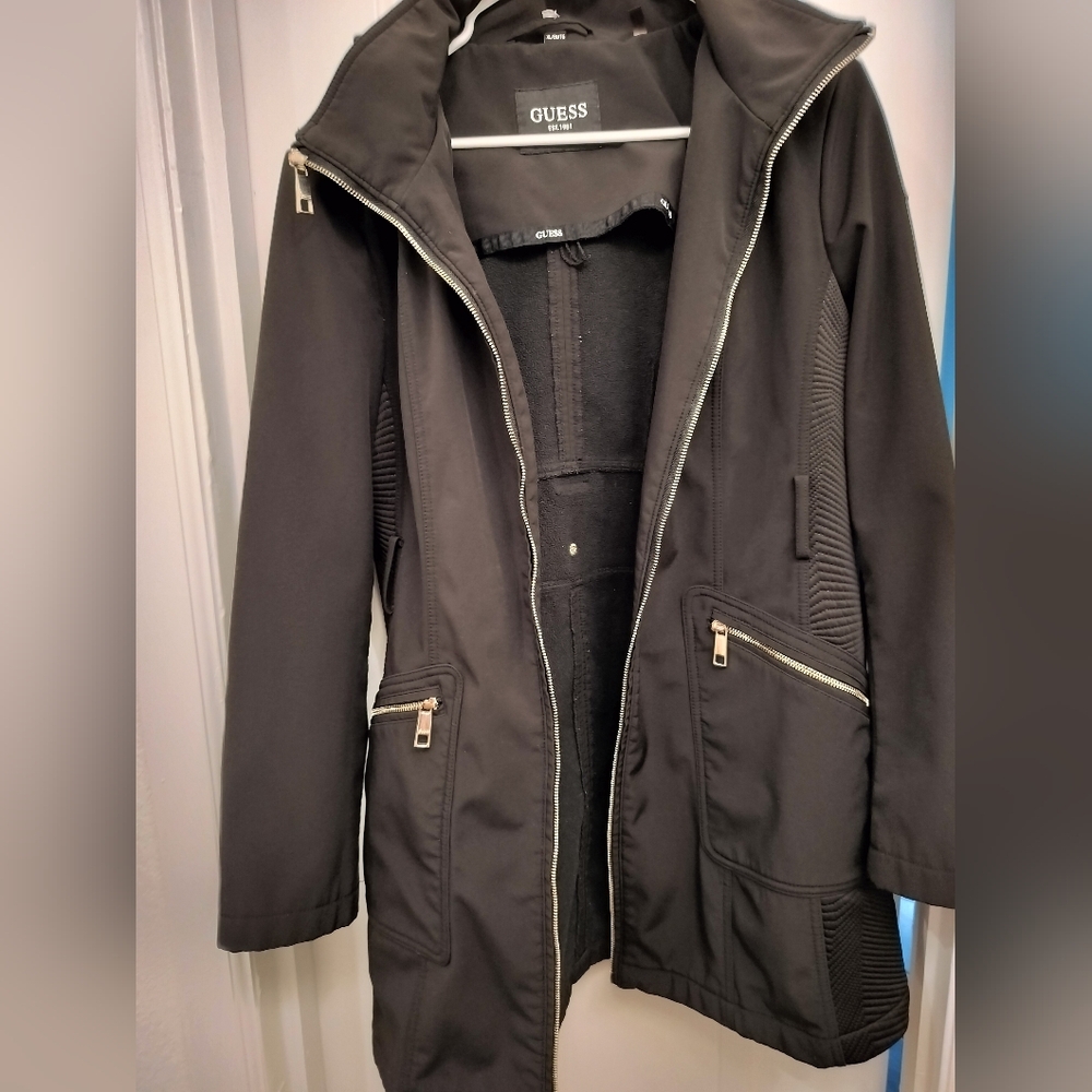 GUESS Black Long Zip-Front Trench Coat with High Collar